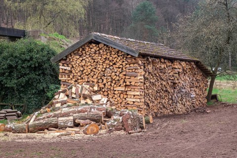Neatly stacked firewood drying in a roofed, open shed, Palatinate, Rhineland-Palatinate, Germany,
