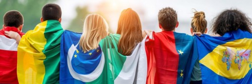 Patriotic people wrapped in international flags to show unity during times of political crisis, AI