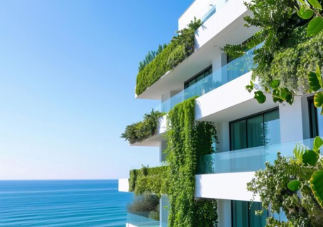 Luxury condo facing scenic ocean view and a beach, AI generated