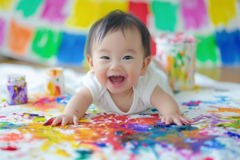 Creative asian child having fun drawing and playing with colors and painting brushes, AI generated