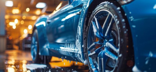 Carwash detailing, polishing and cleaning in automotive service maintenance station, AI generated