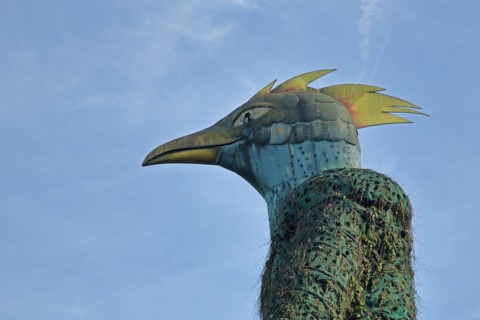 Sculpture Earth Spirit by Andre Heller 2000, street art, bird figure, large, head, beak, detail,