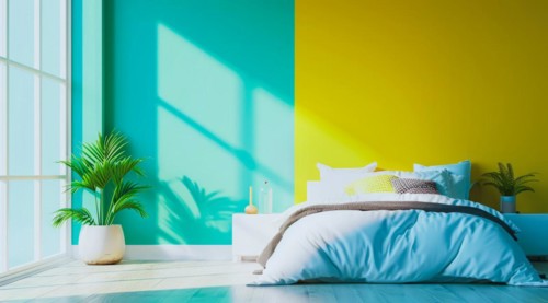 Vibrant bedroom in urban modern condo painted in bright colors with minimalistic approach, AI