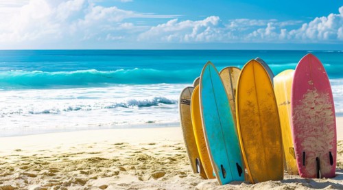 Surfboards stuck in the sand on the beautiful beach with ocean waves in the background, AI