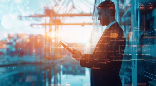 Confident business manager observing construction project progress in downtown financial centre, AI