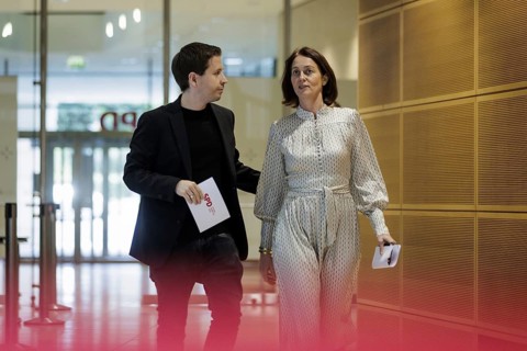 Kevin Kuehnert, SPD Secretary-General, and Katarina Barley, SPD lead candidate for the 2024