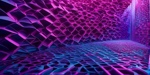 Abstract rendering of organic grid structure in a complex pattern in blue and magenta colors, AI
