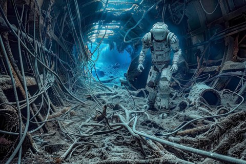 Futuristic humanoid robot inspecting a shipwreck underwater, AI generated