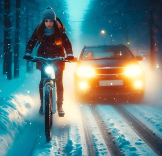 A cyclist rides in front of a car with her headlights switched on in the dark in snow, generated