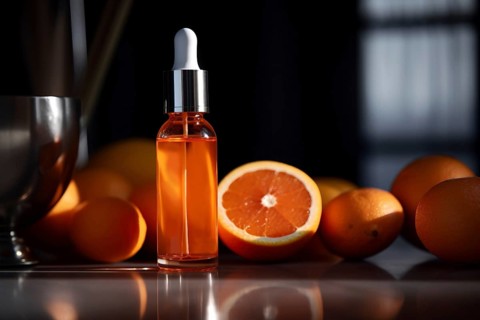 Vitamin C serum with orange fruits. KI generiert, generiert AI generated