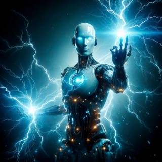 A humanoid robot is charged with energy and sprays lightning, symbolic image electricity,