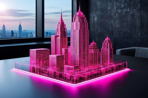 Hologram pink skyscraper architecture wireframe on table, ai generated, AI generated