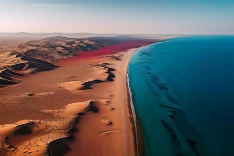 Namib desert from above with deep red dunes meeting the azure atlantik ocean, AI generated
