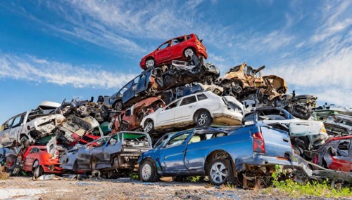 Symbolism, large junkyard with wrecked cars, scrap cars, scrap metal, AI-generated, AI-generated,