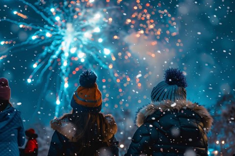 Back view of 2 young people in winter clothes celebrating new year with fireworks. Generative Ai,