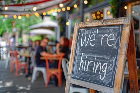 Chalkboard with English text saying 'We're hiring' at restaurant. Concept for labour shortag.