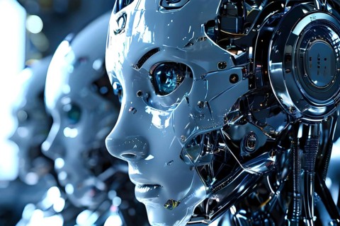 Advanced humanoid robot heads illustrating future robot concepts, AI generated