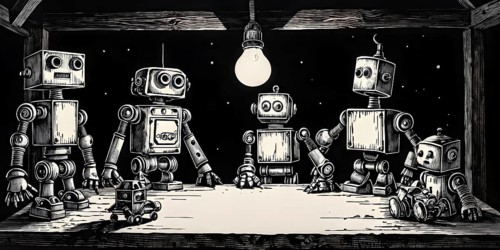 Team of robots styled as vintage toys poised atop an antique wooden table, AI generated