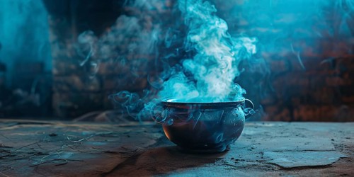 Banner with Halloween witch cauldron with blue smoke. Generative AI, AI generated