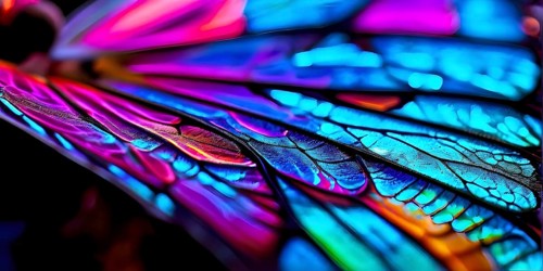 Vibrant butterfly wing with iridescent scales and network of veins, AI generated