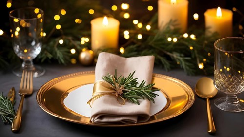 Beautifully decorated Christmas table setting with a golden napkin ring, sparkling cutlery, and a