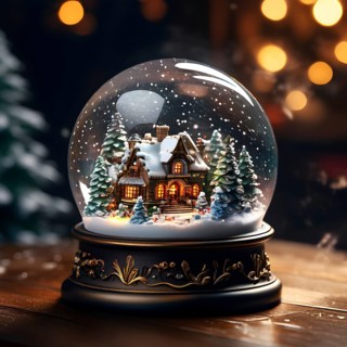 Snow globe with a tiny festive village inside, capturing the swirling snow and the light