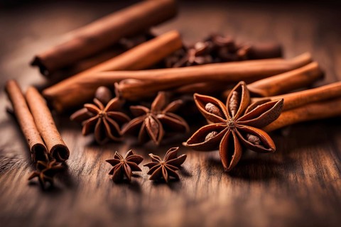 Christmas spices like cinnamon sticks, star anise, and cloves arranged on a wooden table, with soft