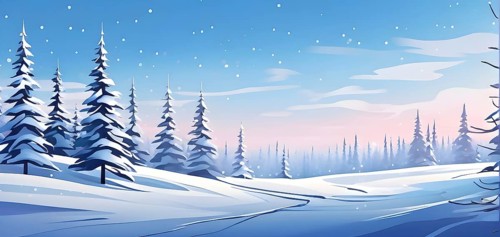 Abstract winter wonderland with minimalist stylized pine trees and snowdrifts using soft pastel