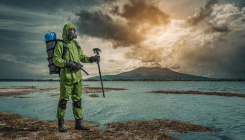 Symbolism, climate catastrophe, researchers in protective suits taking samples, AI-generated, AI