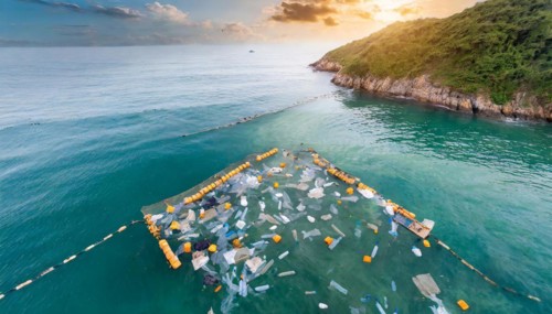Symbolism, environmental pollution, plastic waste floats on the sea, AI-generated, AI-generated, AI