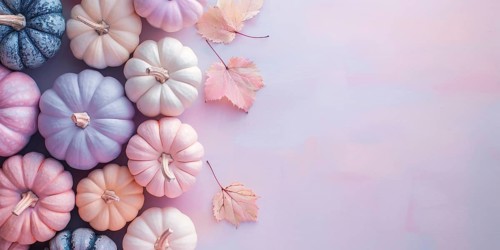 Top view of pastel cute pumpkins on pink background with copy space. Generative Ai, AI generated