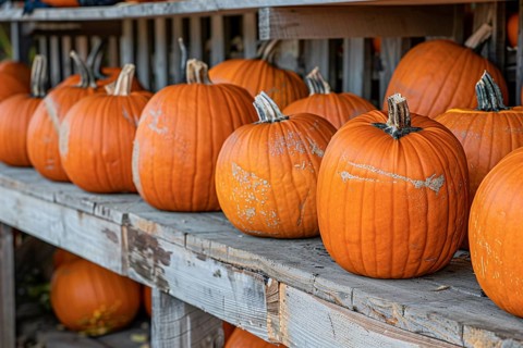 Large orange pumpkins on wooden racks at market. Generative Ai, AI generated