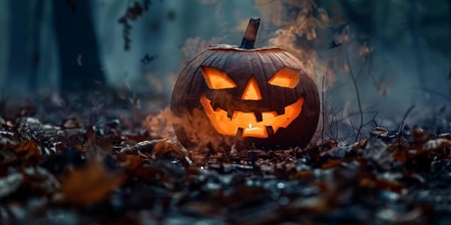 Halloween banner with carved pumpkin lantern in forest. Generative AI, AI generated
