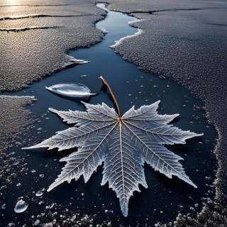 Delicate leaf resting on the surface of a frozen puddle, with intricate ice crystals forming