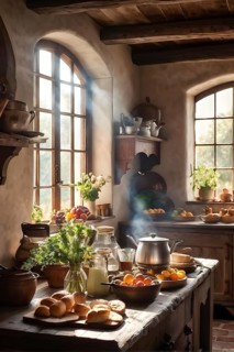 Rustic kitchen interior with exposed wooden beams, a farmhouse sink, and a table set with freshly