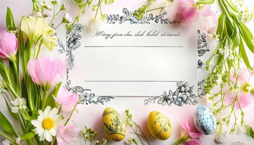 Easter card with delicate hand-drawn illustrations, placed among fresh flowers and decorated eggs,