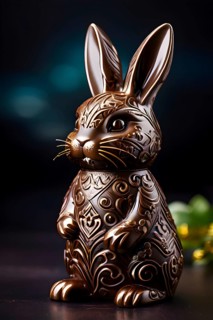 Easter bunny figurine made of chocolate, with a soft focus on intricate patterns and glossy
