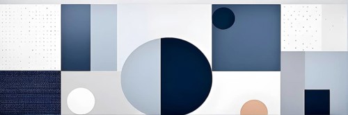 Minimalist composition of overlapping geometric shapes, such as circles, squares, and triangles,