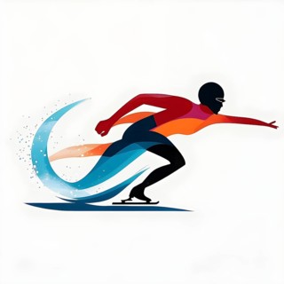 Ice speed skater illustration, depicted as a minimalist silhouette in motion in contrasting vibrant