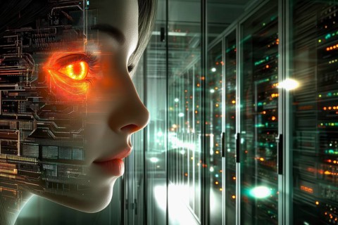 Conceptual symbolism of artificial Intelligence represented by a human face with a glowing orange