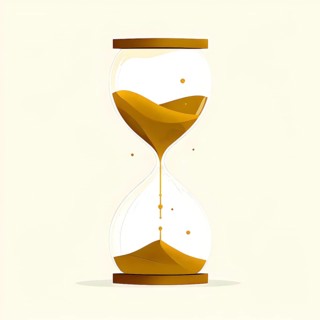 Minimalist hourglass illustration with abstract golden sand falling slowly, representing the