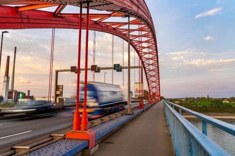 The Bridge of Solidarity, the longest tied-arch bridge in Germany, over the Rhine from
