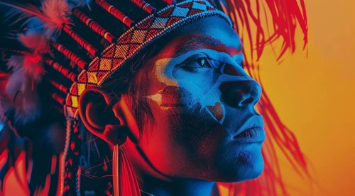 Indigenous first nation people of USA dressed in colorful native clothes, AI generated