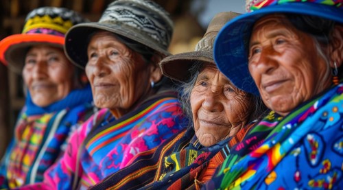 Smiling native indigenous people of Ecuador and South America, dressed in colorful native clothes,