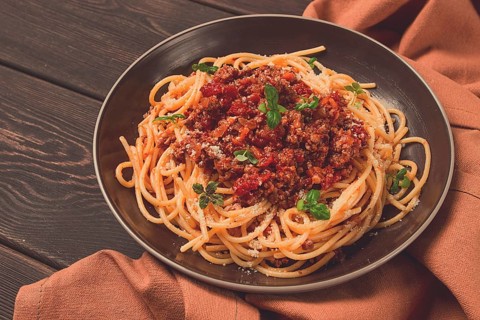 Spaghetti Bolognese, top view, close-up, no people, homemade