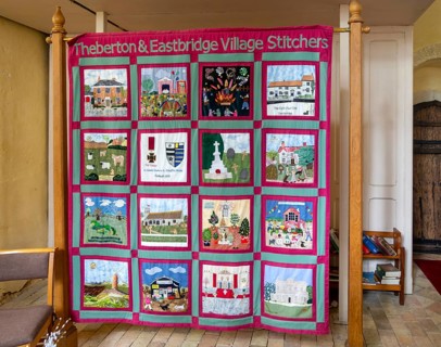 Display in church of textiles stitching work by Theberton and Eastbridge stitchers, Theberton,