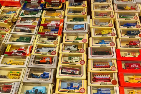 Displayed boxed of Lledo models old collectible vehicles, UK
