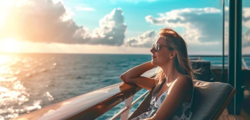 Young beautiful lady sitting on a cruise ship deck during luxury cruise and looking at azure ocean,