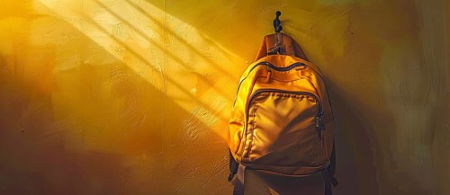 A yellow school backpack is hanging on a wall. Back to school or going on vacation concept, AI
