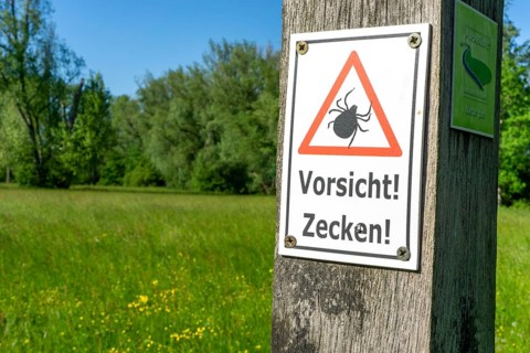 Warning signs for ticks, in the Urdenbachen Kämpe nature reserve, Lower Rhine cultural landscape